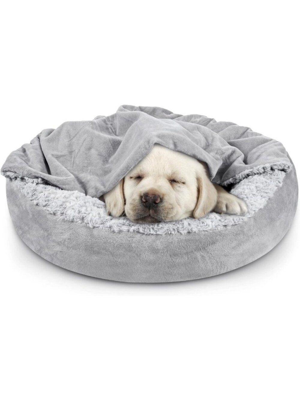 Cozy Round Dog & Cat Bed with Hooded Blanket, Anti-Anxiety Cuddler, 23" Washable